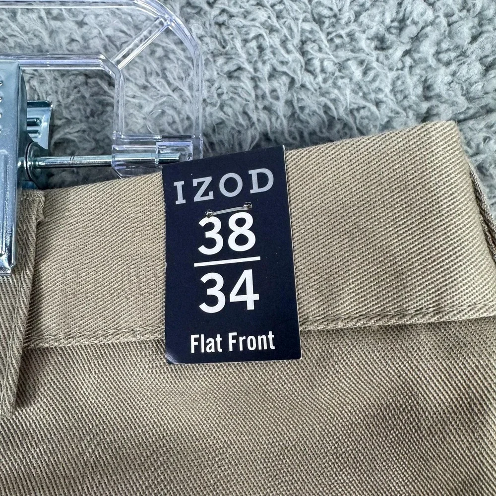 IZOD American Chino Pants Mens 38x34 Khaki Wrinkle Free‎ Classic Leg Flat Front